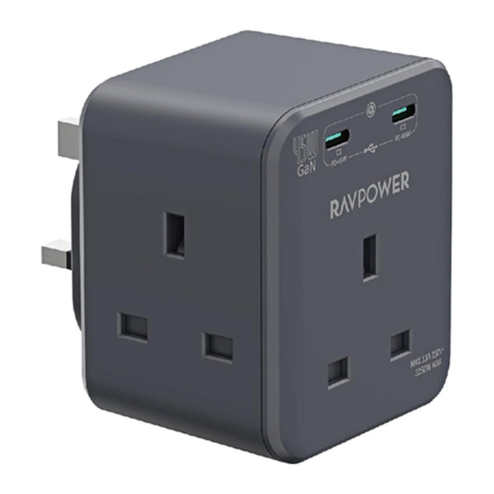 RAVPower وصلة كهرباء GaN 45W بـ3 مقابس ومنفذي USB-C رمادي