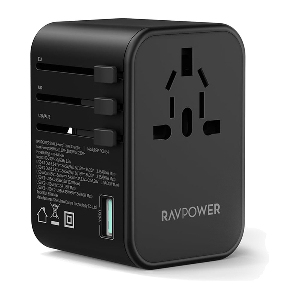 RAVPower شاحن سفر عالمي 65W بـ3 منافذ RP-PC1034 أسود