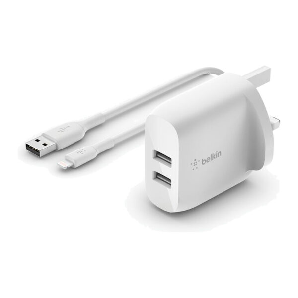 Belkin – شاحن جداري USB-A مزدوج 24W مع كيبل لايتنينج 1 متر أبيض
