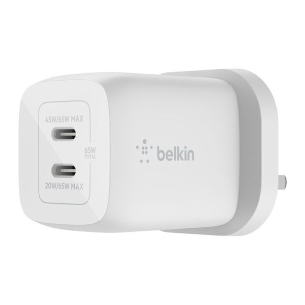 Belkin – شاحن جداري تايب سي مزدوج GaN 65W مع كيبل 2 متر أبيض