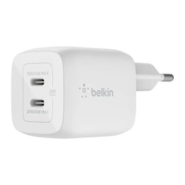 Belkin – شاحن جداري تايب سي مزدوج GaN 45W مع PPS أبيض