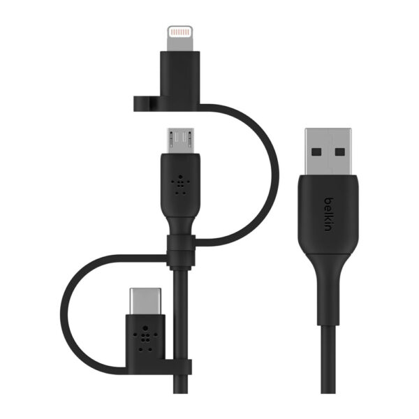Belkin – كيبل USB-A متعدد الموصلات تايب سي ومايكرو ولايتنينج 1 متر أسود