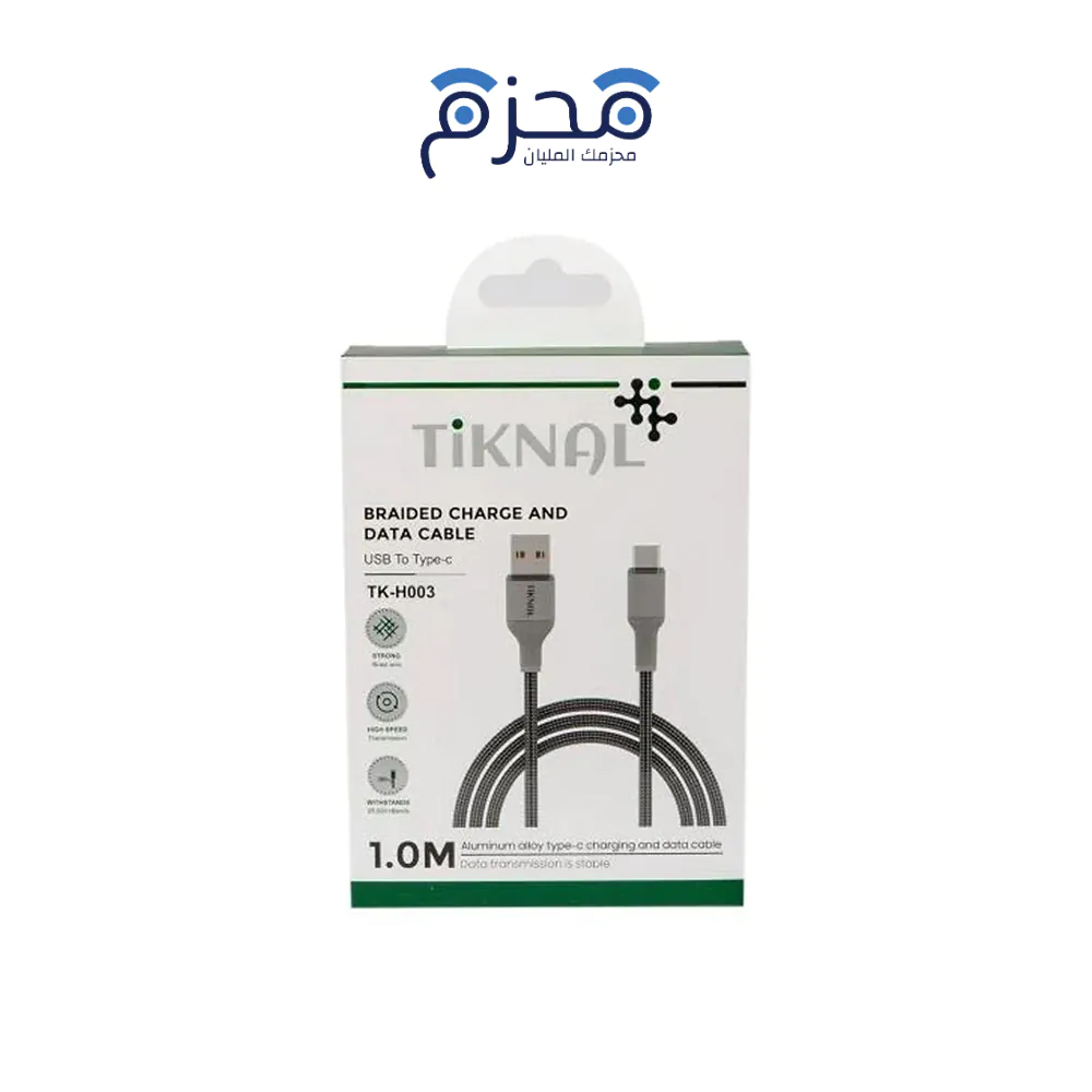 ⁦Tiknal - كابل USB إلى USB-C مضفر 1م TK-H003⁩ - الصورة ⁦1⁩