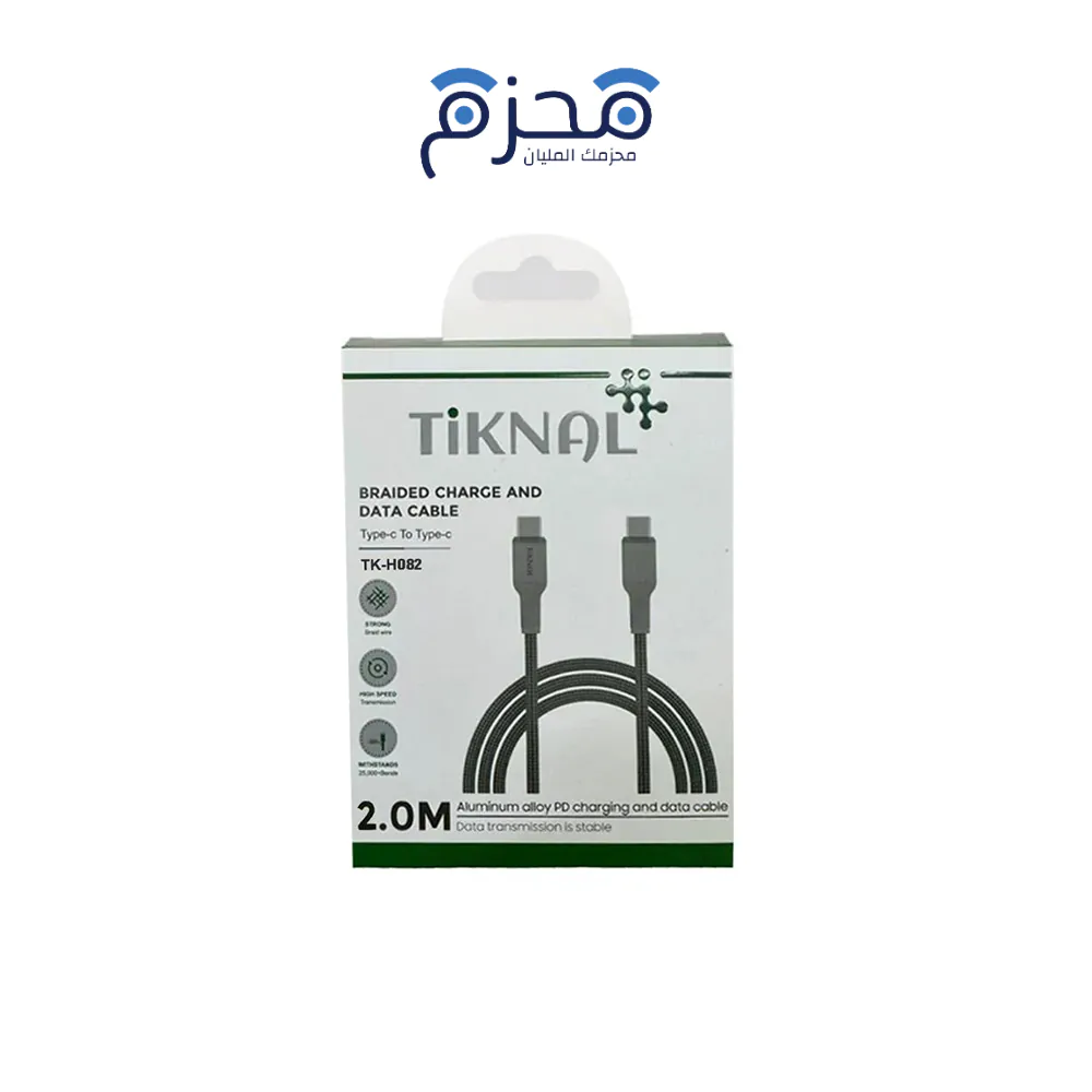 ⁦Tiknal - كابل USB-C إلى USB-C مضفر 2م TK-H082⁩ - الصورة ⁦1⁩