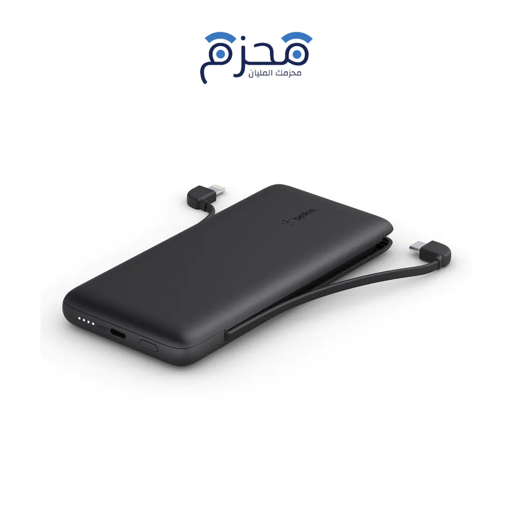 ⁦Belkin - باور بنك 10000 مللي امبير 18W مع كيبل مدمج تايب سي ولايتنينج أسود⁩ - الصورة ⁦1⁩