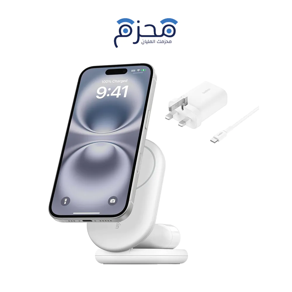 ⁦Belkin - ستاند شحن لاسلكي مغناطيسي QI2 ثنائي 15W أبيض⁩ - الصورة ⁦1⁩