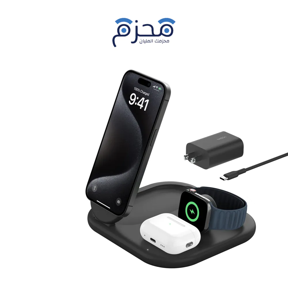 ⁦Belkin - ستاند شحن لاسلكي QI2 ثلاثي في واحد أسود⁩ - الصورة ⁦1⁩