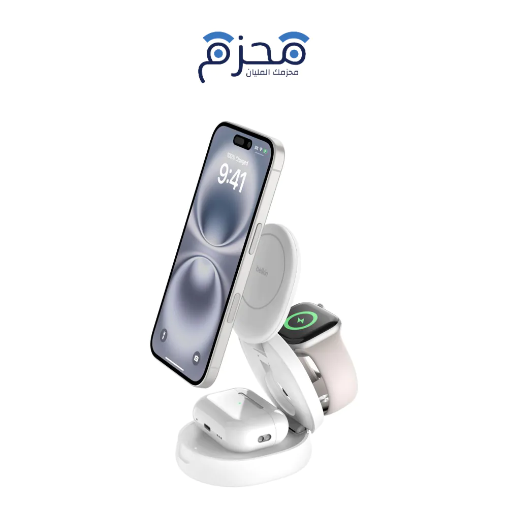 ⁦Belkin - ستاند شحن لاسلكي QI2 ثلاثي في واحد أبيض⁩ - الصورة ⁦1⁩
