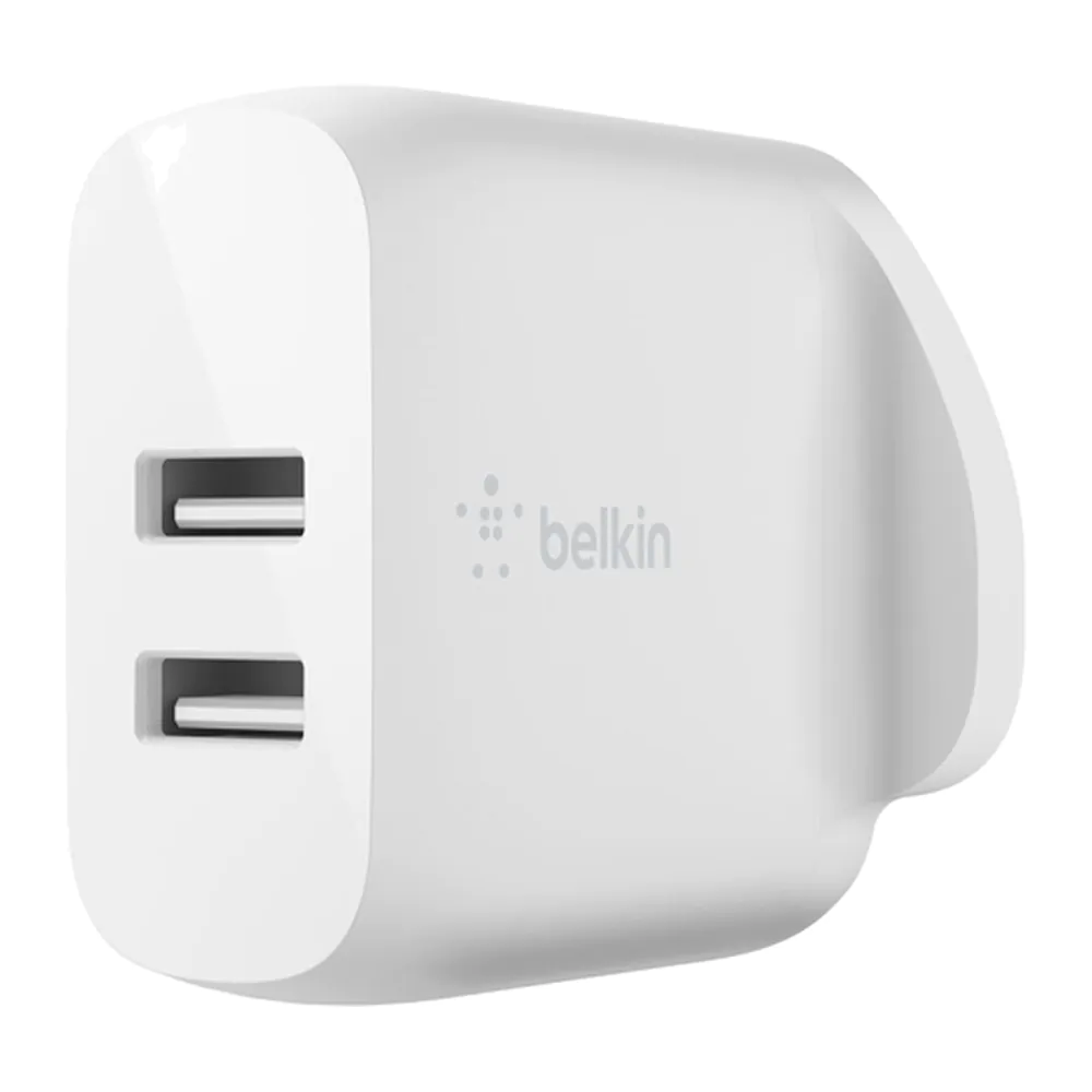 Belkin – شاحن جداري USB-A مزدوج 24W أبيض Belkin – شاحن جداري USB-A مزدوج 24W أبيض
