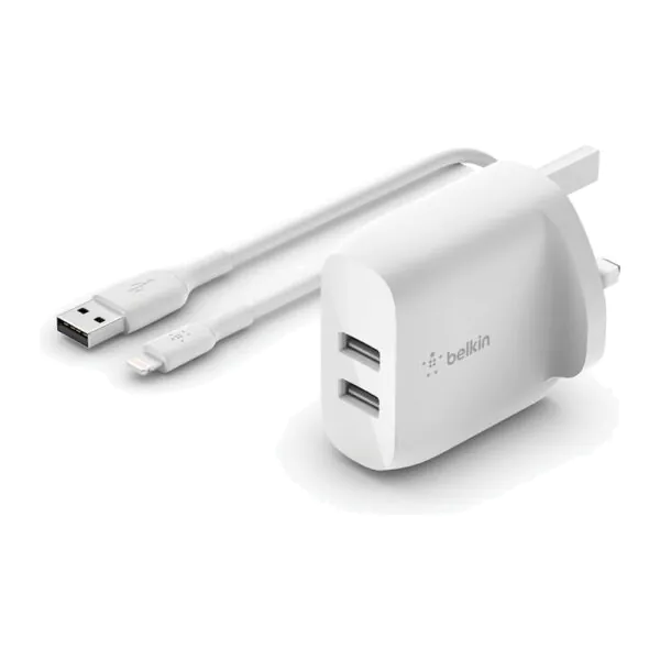 Belkin – شاحن جداري USB-A مزدوج 24W مع كيبل لايتنينج 1 متر أبيض