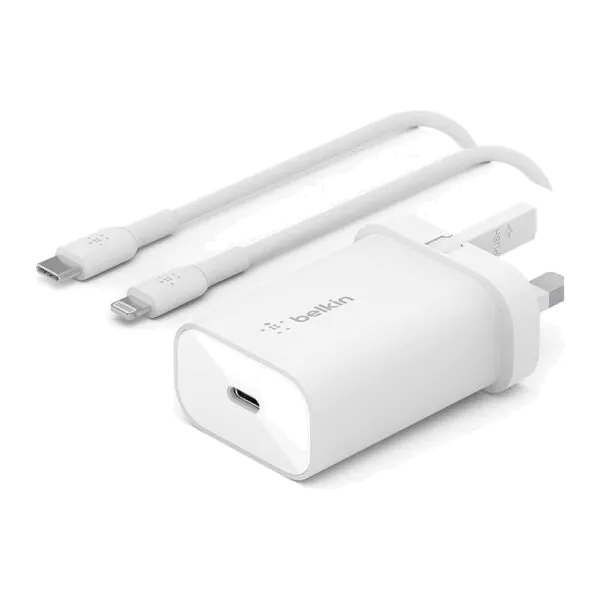 Belkin – شاحن جداري تايب سي 25W مع كيبل لايتنينج 1 متر أبيض