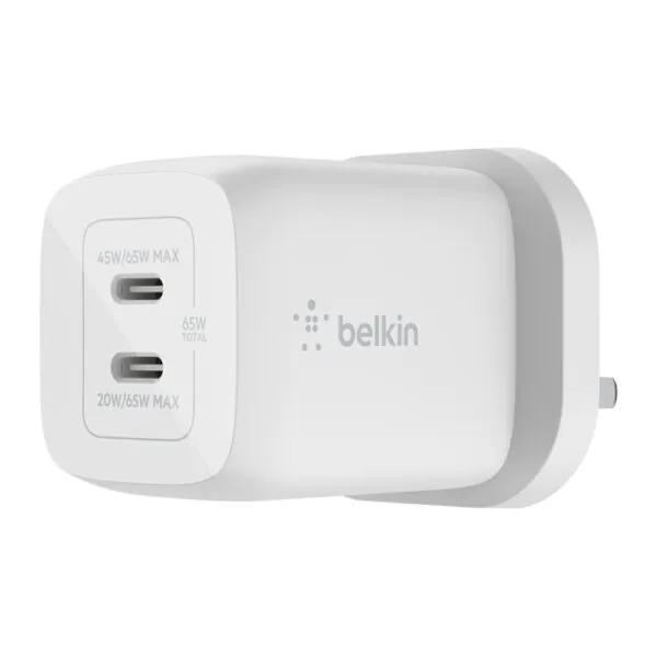 Belkin – شاحن جداري تايب سي مزدوج GaN 65W أبيض
