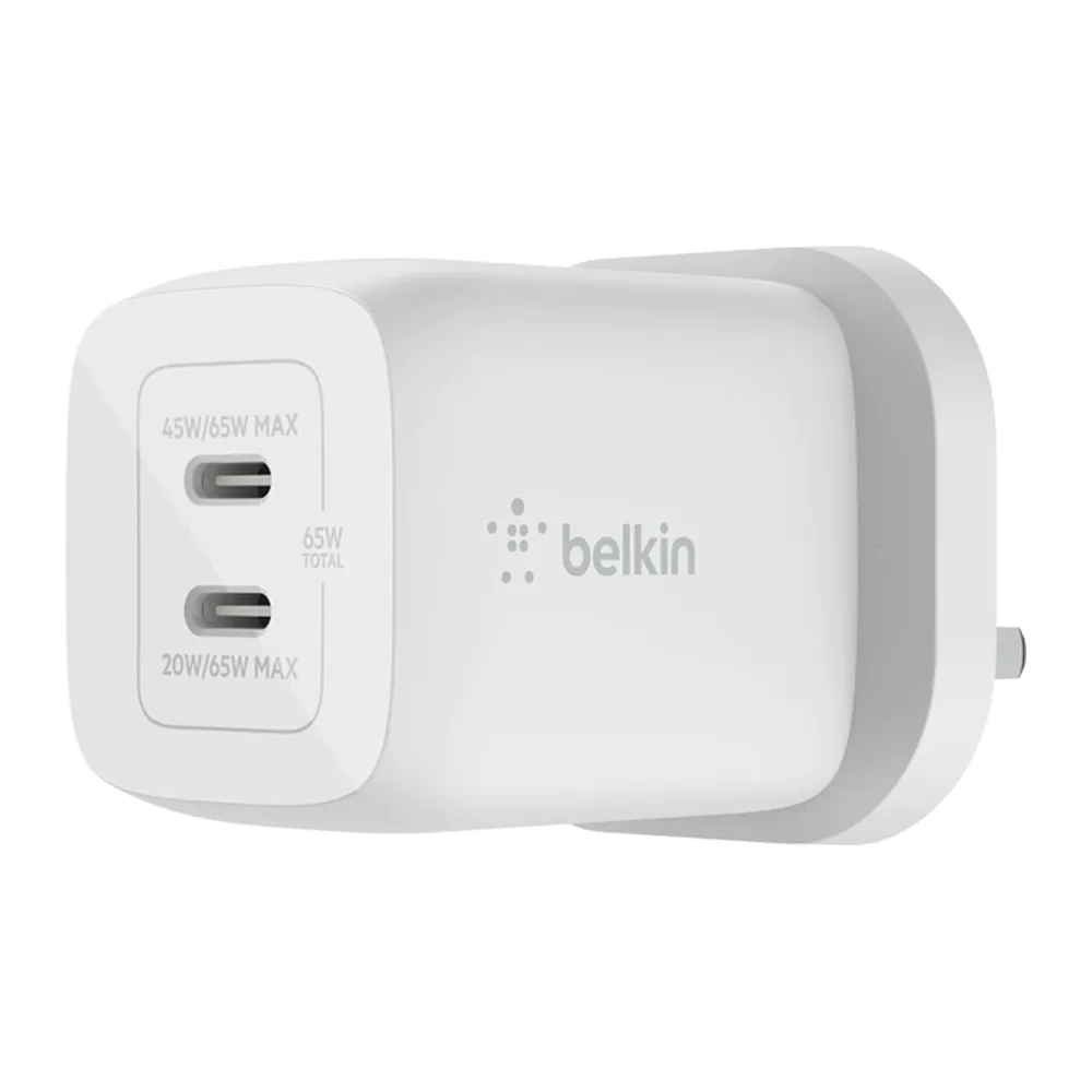 Belkin – شاحن جداري تايب سي مزدوج GaN 65W أبيض Belkin – شاحن جداري تايب سي مزدوج GaN 65W أبيض
