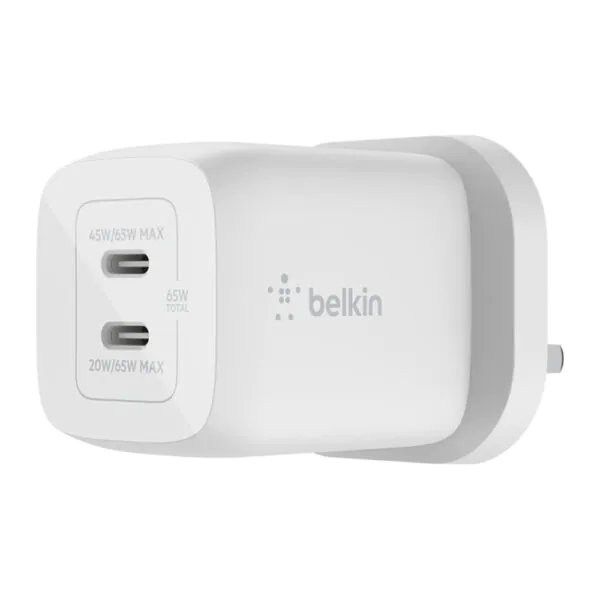 Belkin – شاحن جداري تايب سي مزدوج GaN 65W مع كيبل 2 متر أبيض