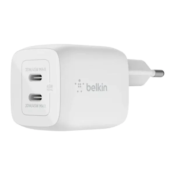Belkin – شاحن جداري تايب سي مزدوج GaN 45W مع PPS أبيض