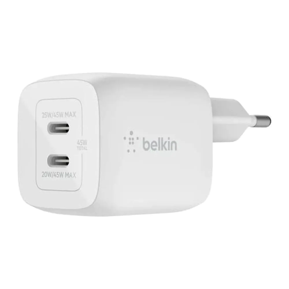 Belkin – شاحن جداري تايب سي مزدوج GaN 45W مع PPS أبيض Belkin – شاحن جداري تايب سي مزدوج GaN 45W مع PPS أبيض