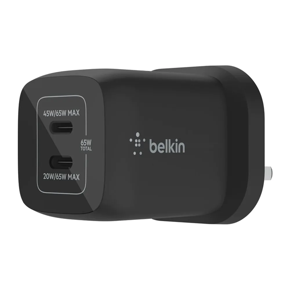 Belkin – شاحن جداري تايب سي مزدوج GaN 65W مع PPS أسود Belkin – شاحن جداري تايب سي مزدوج GaN 65W مع PPS أسود