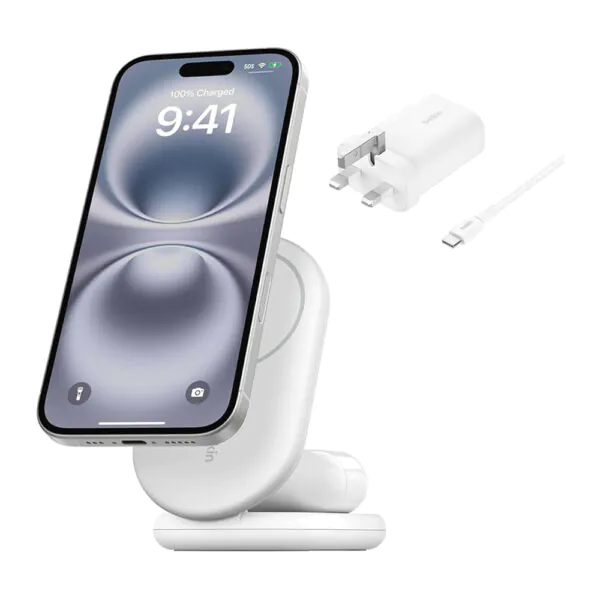 Belkin – ستاند شحن لاسلكي مغناطيسي QI2 ثنائي 15W أبيض