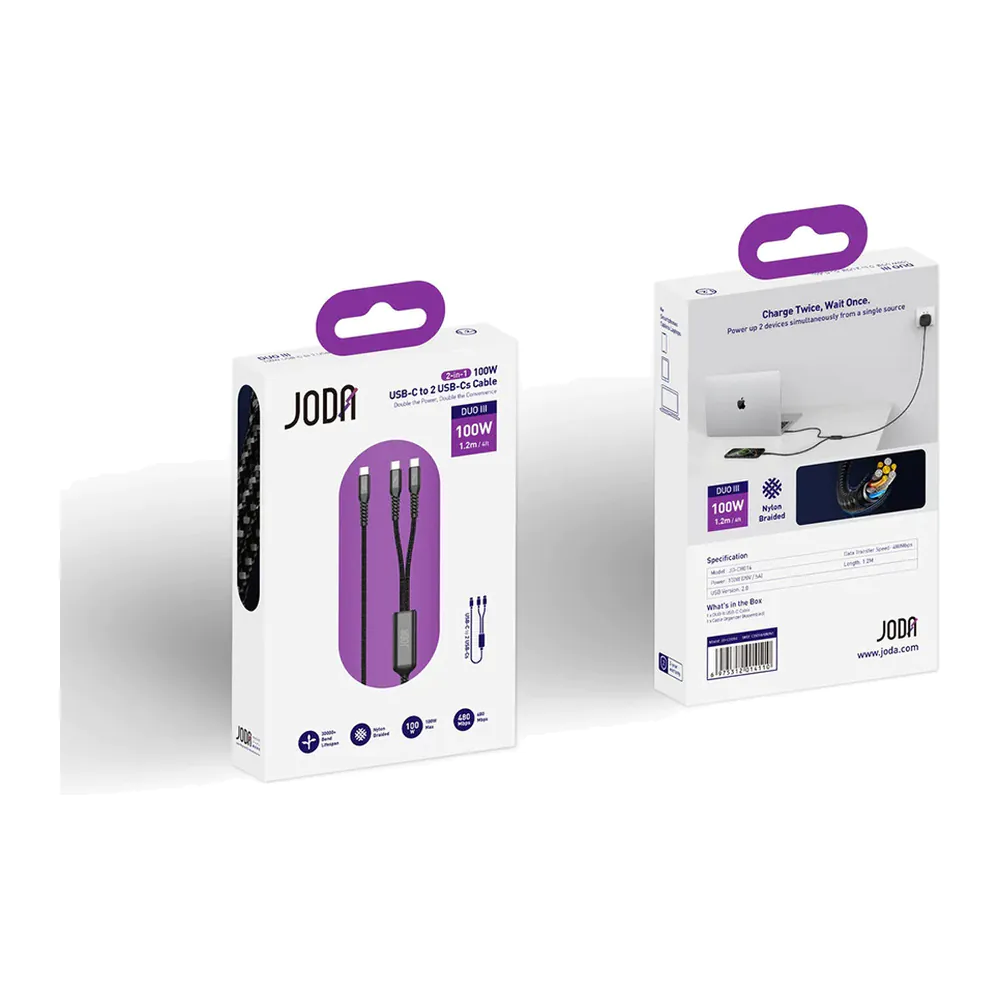 JODA – DUO III كابل C to 2 USB-C ثلاثي 100W 1.2م أسود JODA – DUO III كابل C to 2 USB-C ثلاثي 100W 1.2م أسود